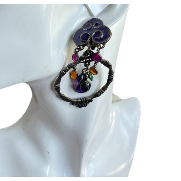 Vintage Brass Tone Open Vine Teardrop Chandelier Earrings with Multi Color Gems - Picture 1 of 10